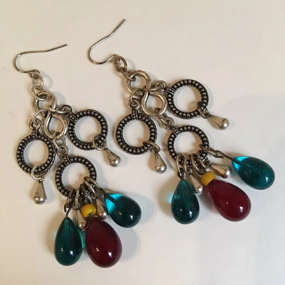 Teardrop Earrings Teal Red Beaded Drops Textured Silver Tone Metal Rings Dangle